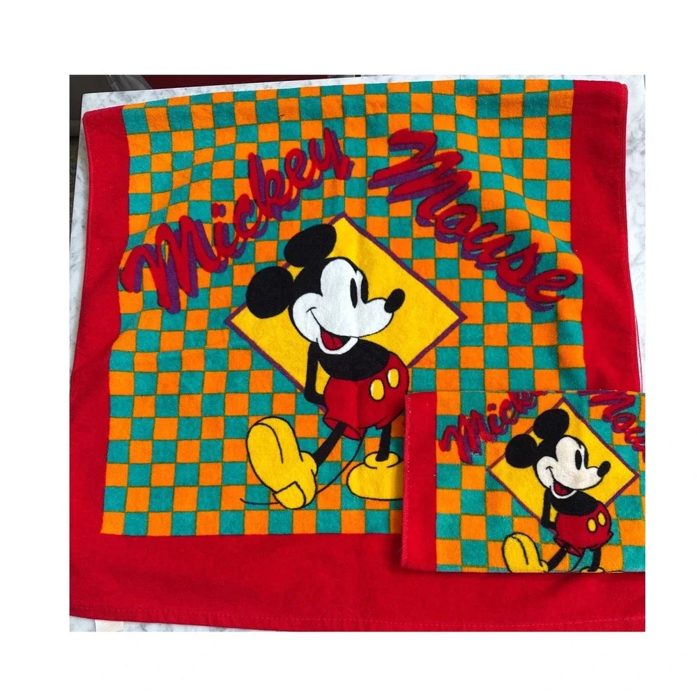 Vintage Disney Mickey Mouse Towel Set Franco Checkered Red Teal 90s NWT Mervyns